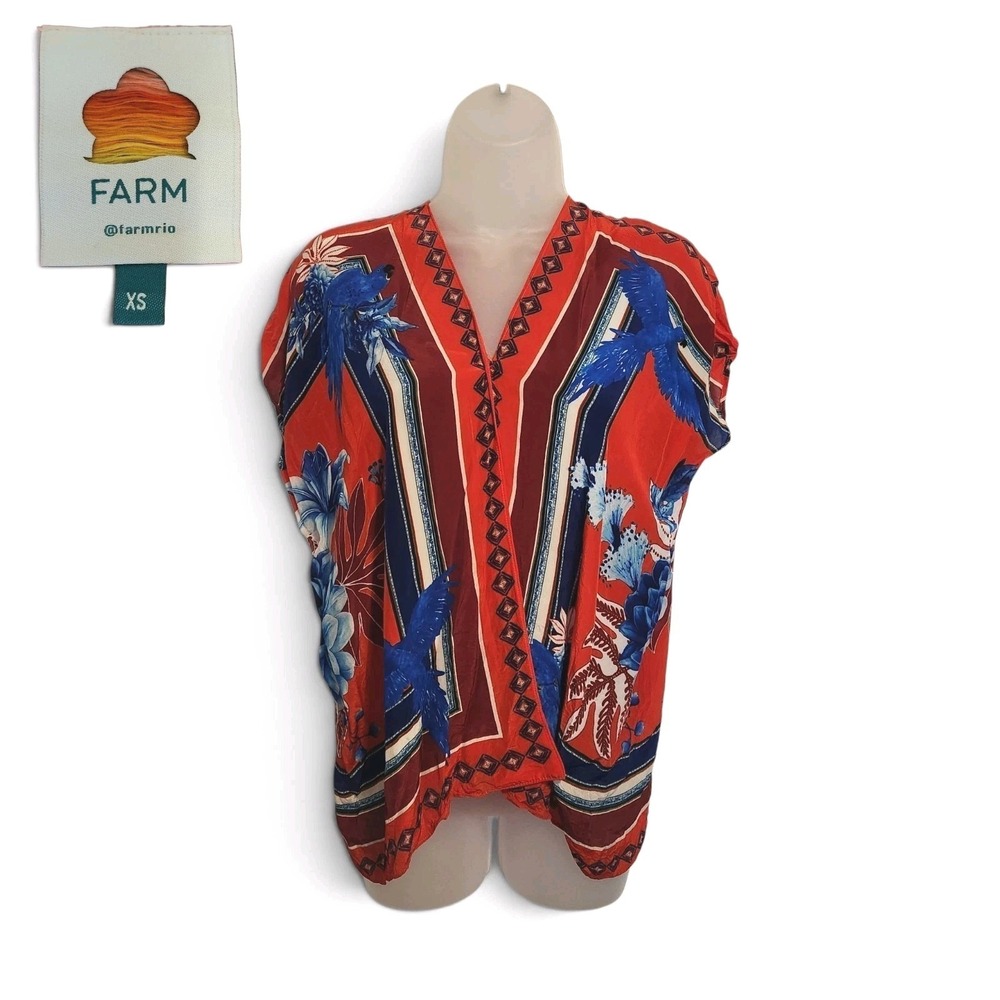 FARM Rio Macaw Scarf Blouse XS Red Blue Tropical Parrot V-Neck Floral Top Boho